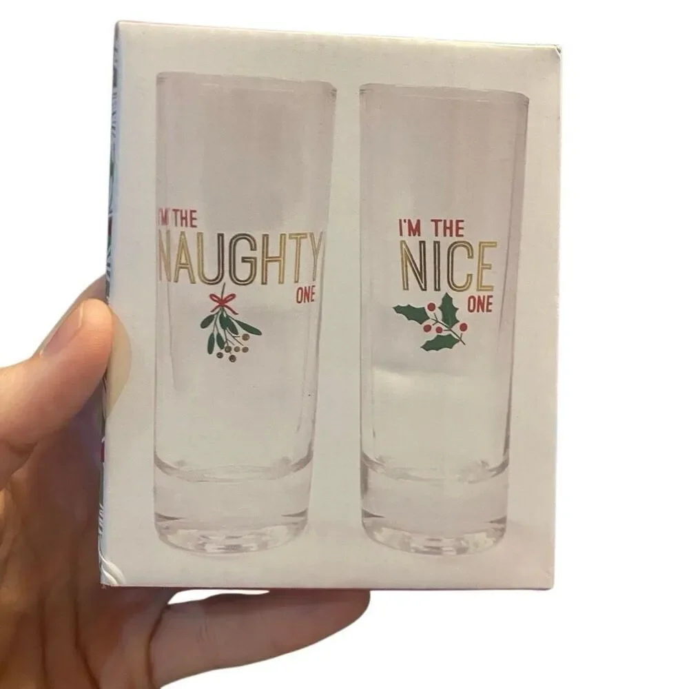 NWT Two’s Company Holiday Shot Glasses set of two I’m the naughty one I’m the ni